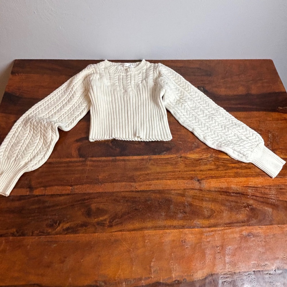 Altar State Cream Cable Knit Balloon Sleeve‎ Cropped Sweater Top Size Small